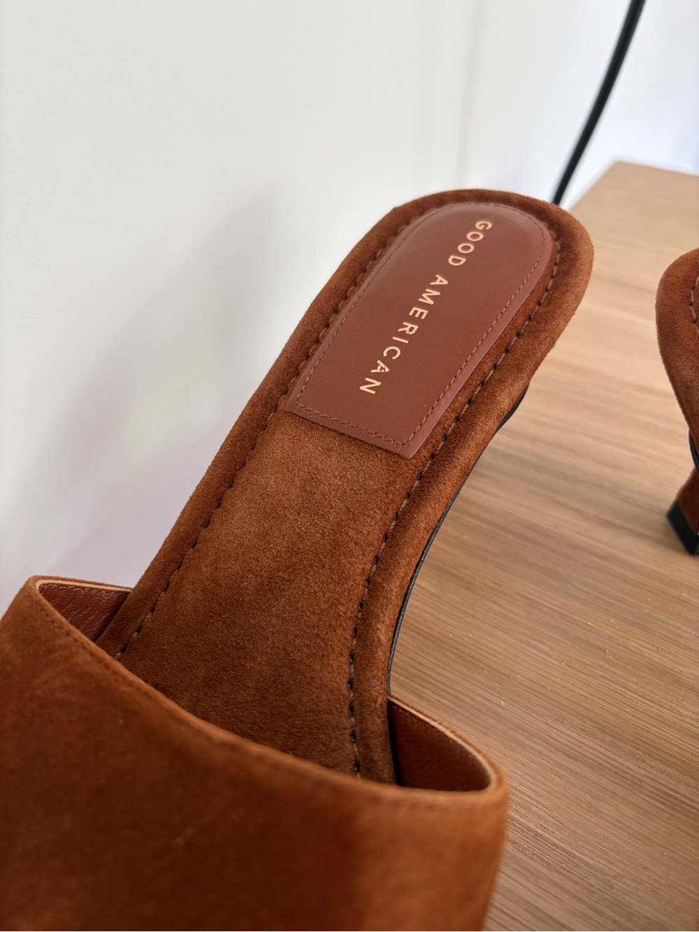 Good American Brown Suede Square-Toe Slide Mules with Gold Accent - Picture 3 of 6